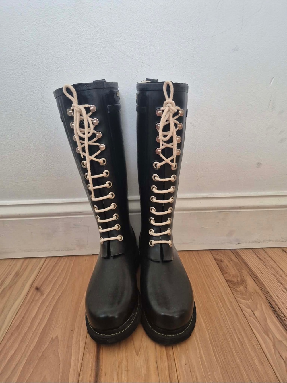 Tall Black Lace-Up Women's Boots with Cream Laces